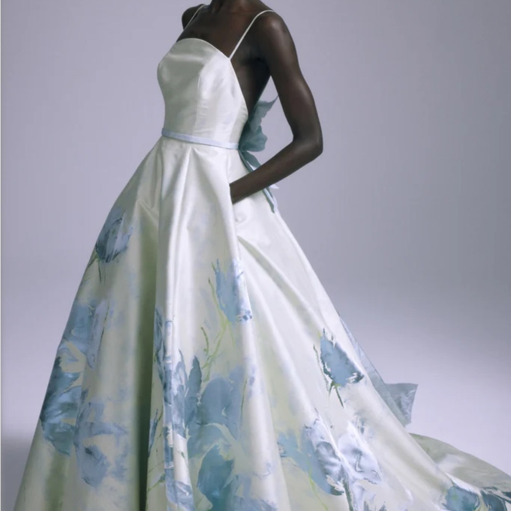 Amsale White and Blue Floral Wedding Dress